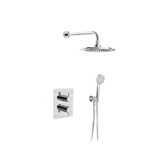 Blautherm zuhanyszett rejtett termosztátos, kétutas keverővel, háromfunkciós, masszázs kézizuhannyal, kör alakú fejzuhannyal.